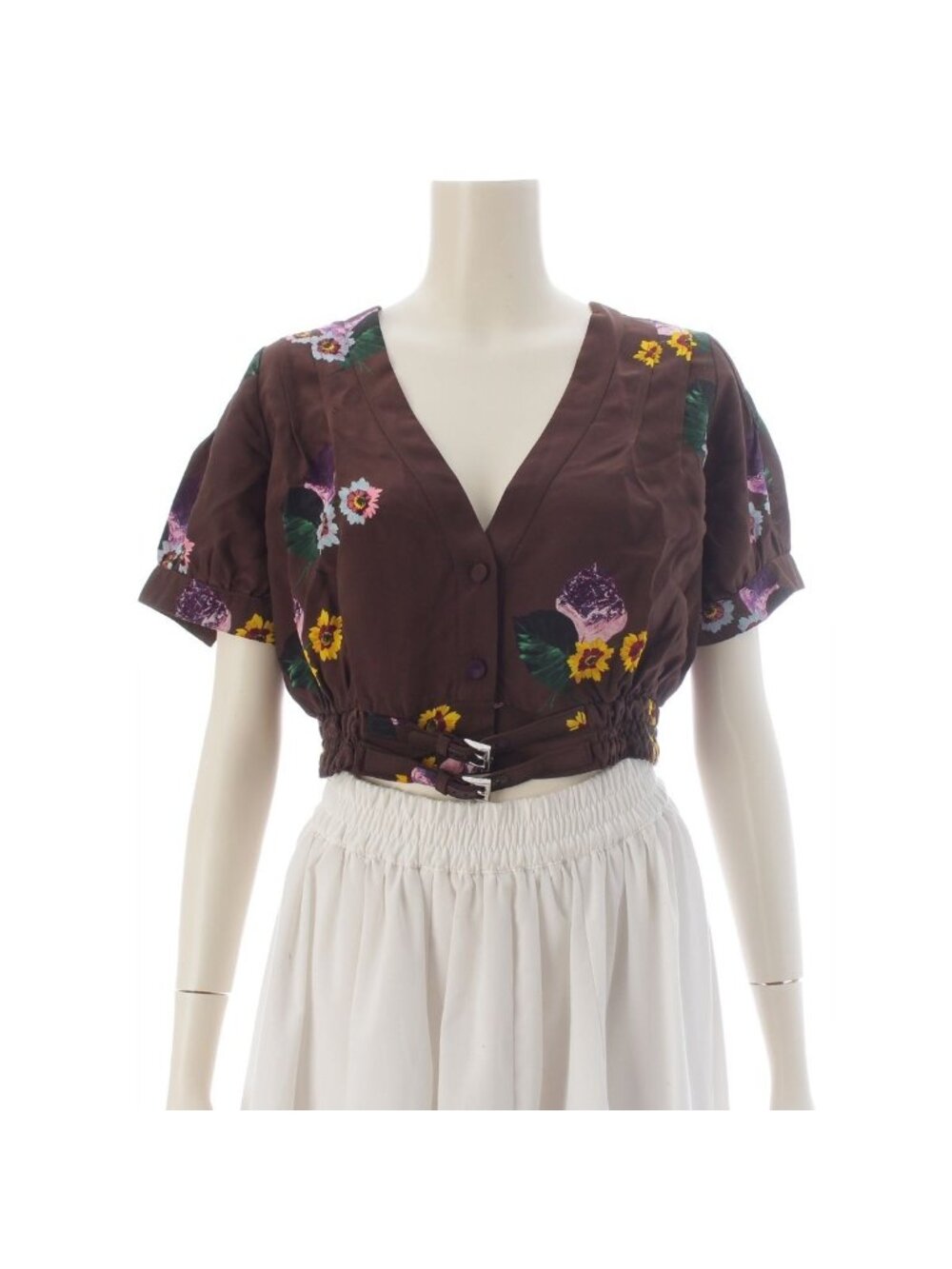 Prada Viscose Silk Pansy Print Cropped Puff Sleeve Blouse Shirt Jacket Brown